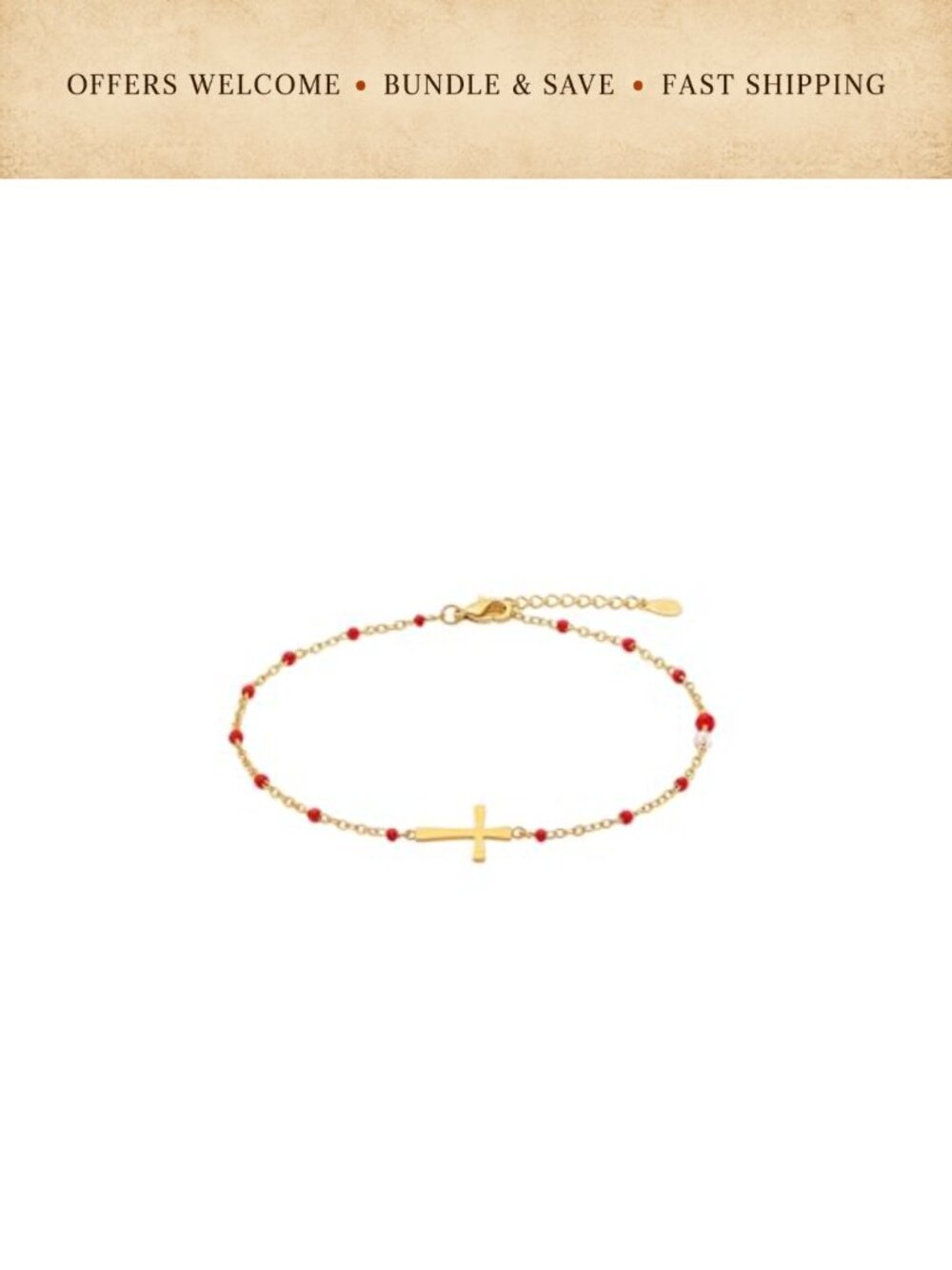 18K Gold Plated Rosary Beaded Cross Bracelet Waterproof